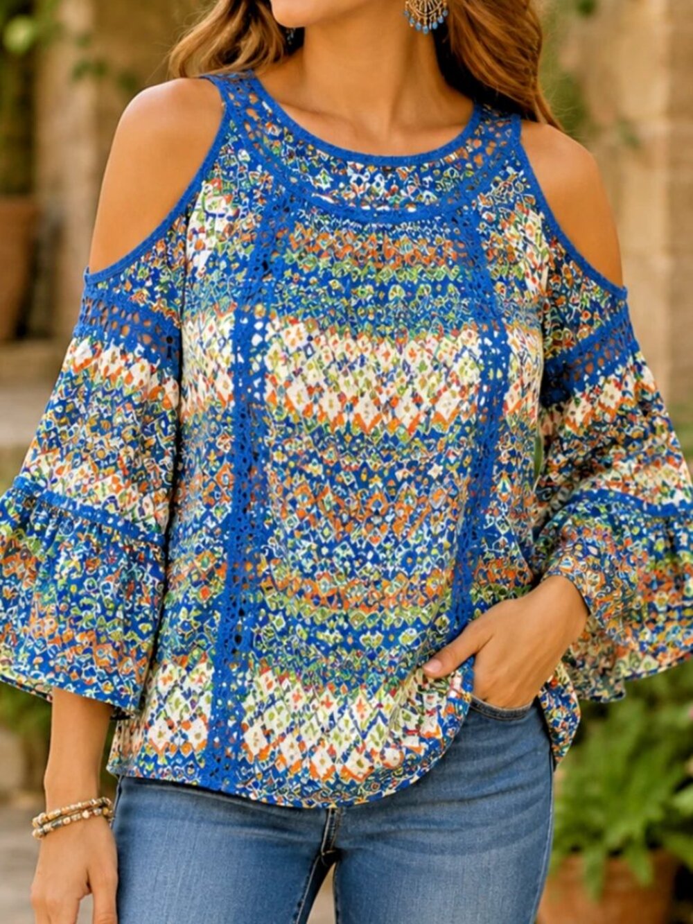 Kaktus Women's Blue orange Cold Shoulder 3/4 Flutter Sleeve top Sz M